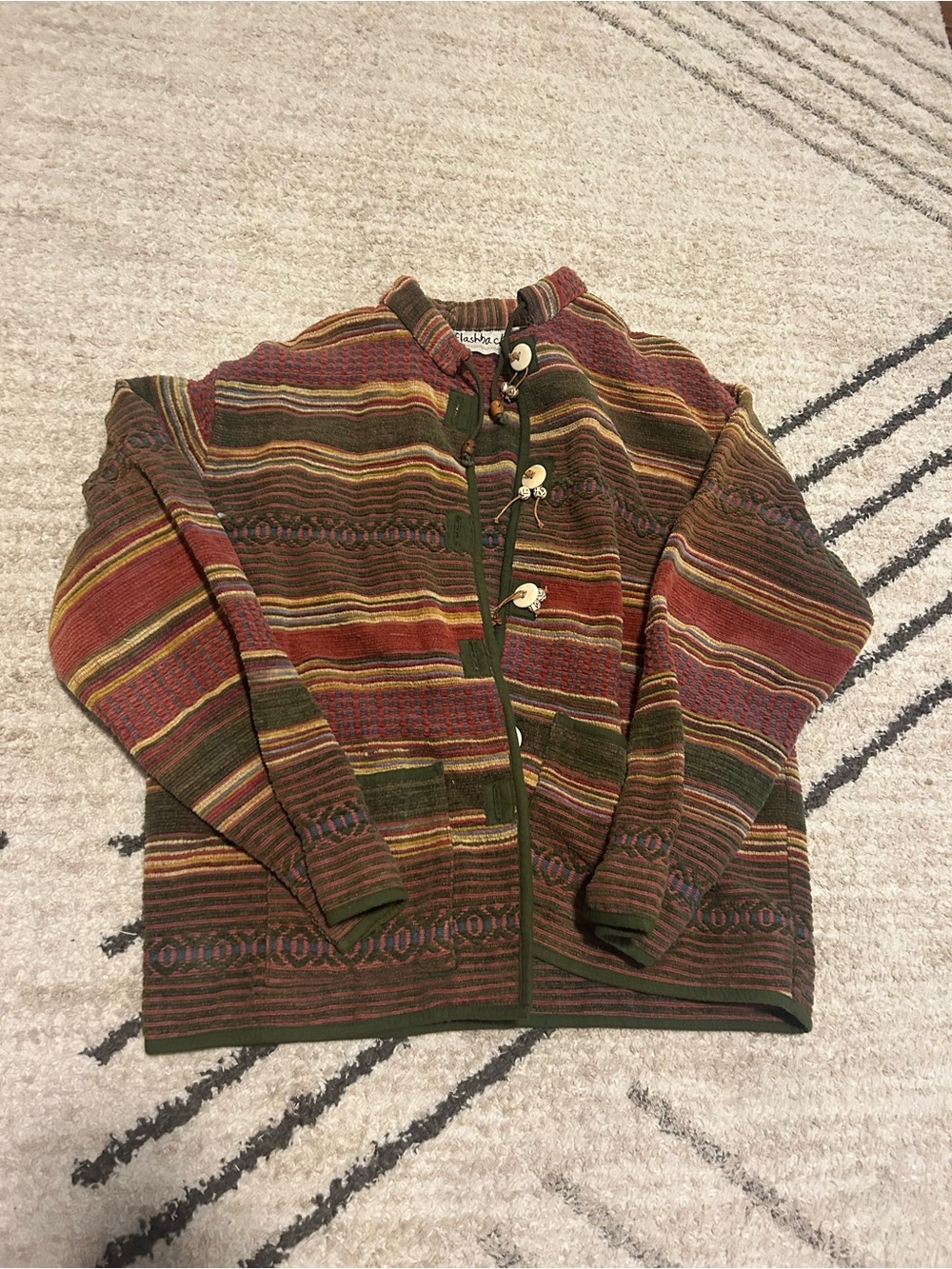 Flashback Multicolor Striped Toggle-Front Sweater Jacket - Olive, Rust, Mustard